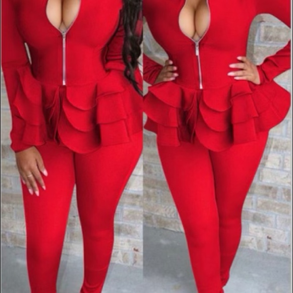 Red Ruffle Pants Suit - Picture 2 of 4